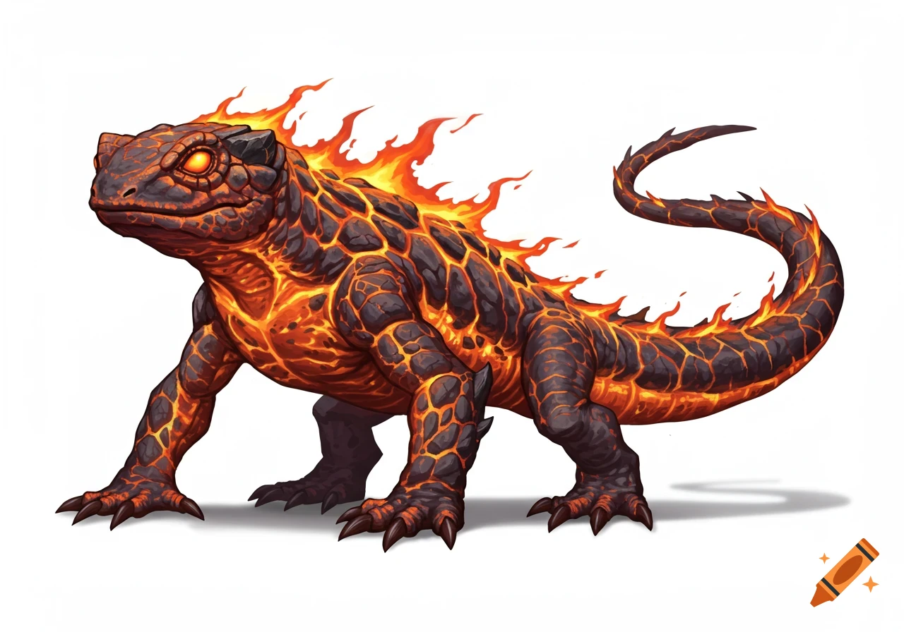 A fiery magma salamander creature with glowing orange cracks and flames on its back, standing on a white background in concept art style.
