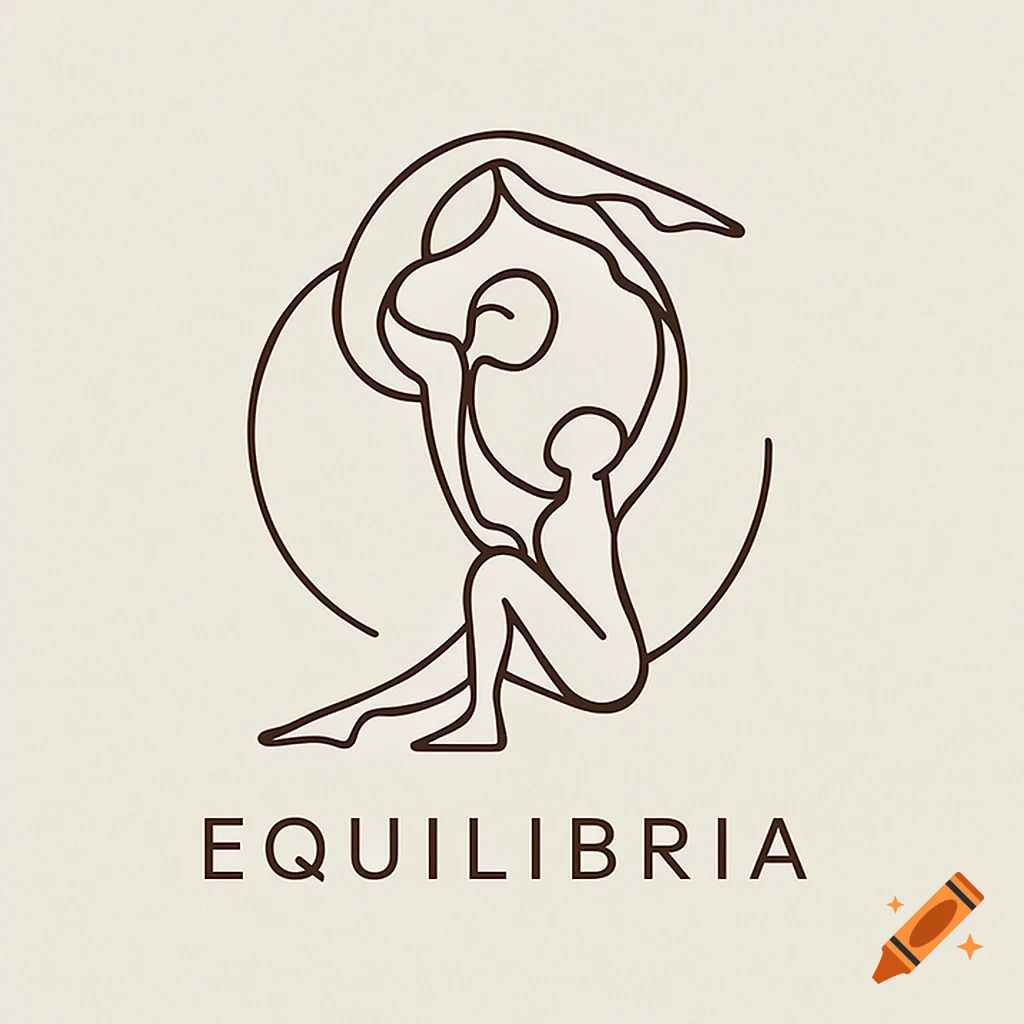 Abstract line art logo showing two minimalist figures in an acroyoga pose, with the word EQUILIBRIA below.