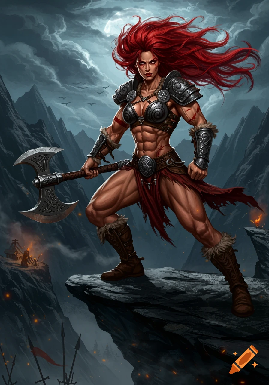 Muscular female barbarian with long red hair, standing on a cliff with a double-bladed axe, against a stormy mountain landscape.