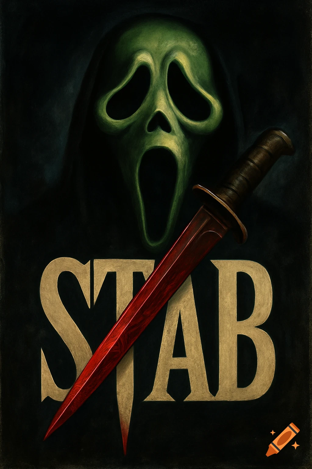 A green Ghostface mask with a wide-open mouth looms over a red dagger crossing the golden word "STAB" on a dark background, in a stylized movie poster.