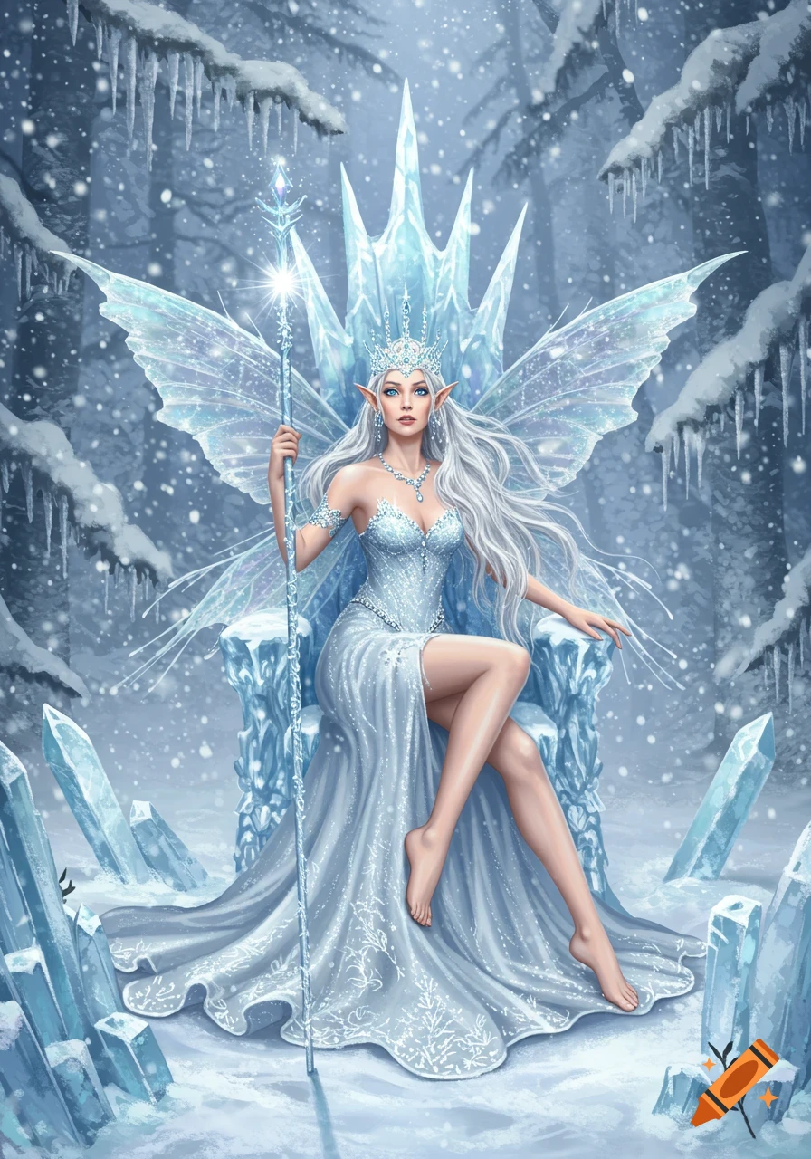 A majestic winter fairy queen with long white hair and ice wings sits on a frozen throne, holding a glowing staff in a snowy forest.