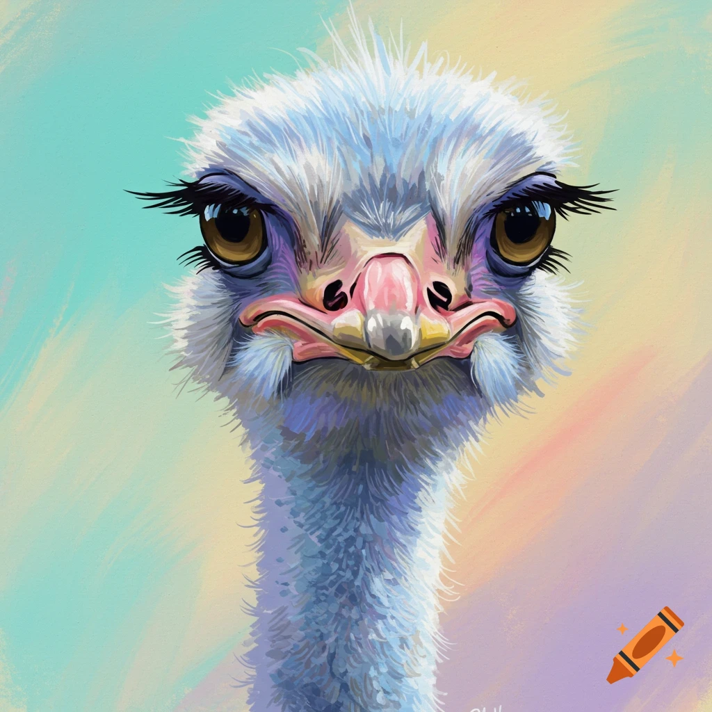 Whimsical, front-facing digital painting of an ostrich with long lashes, colorful feathers, and an orange beak against a pastel painterly background.