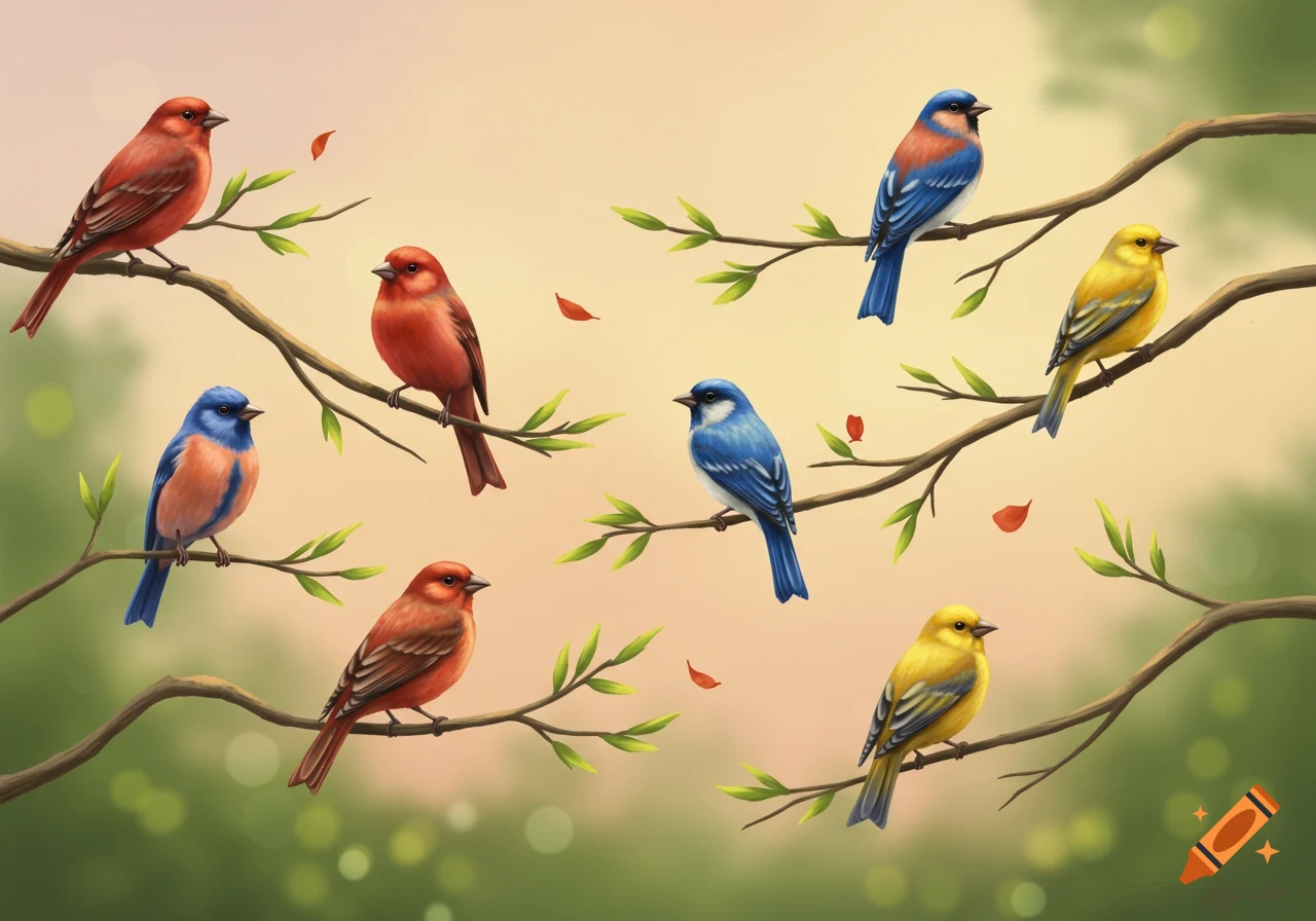 An illustration of colorful red, blue, and yellow birds perched on tree branches with green leaves against a soft, light background.