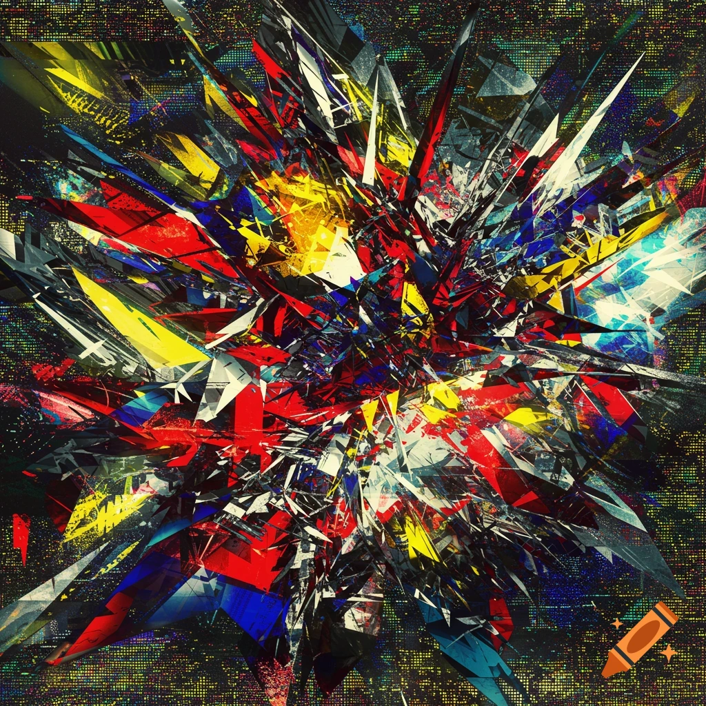 An abstract, chaotic explosion of sharp, colorful fragments in red, yellow, blue, and white against a dark, textured background.