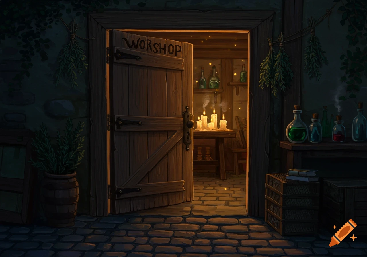 A dark, cozy wooden workshop door slightly ajar at dusk, revealing warm candlelight, bottles, and a table inside. Herbs hang nearby.