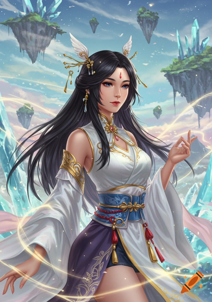 Beautiful Asian woman in an ornate fantasy outfit stands in a mystical sky landscape with floating islands and crystals, Final Fantasy style.