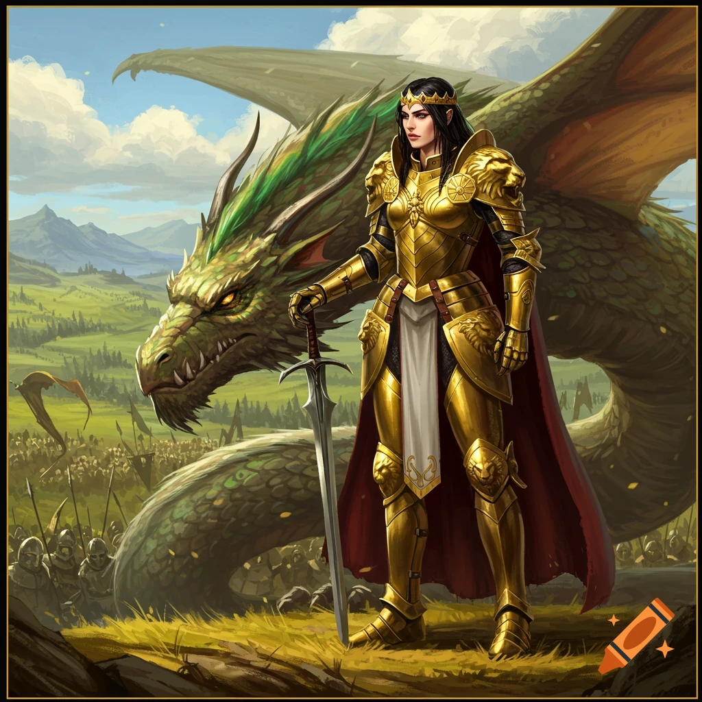 A warrior queen in golden armor stands next to a large green dragon in a grassy field, with an army gathered in the background.