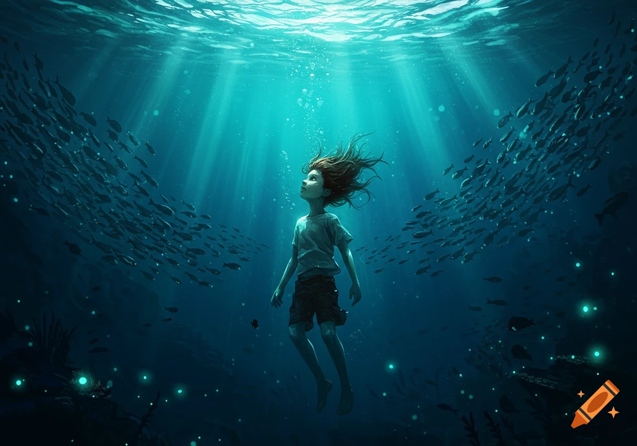 A child floats deep underwater, looking up at light rays piercing the surface, surrounded by schools of fish and glowing seabed elements.