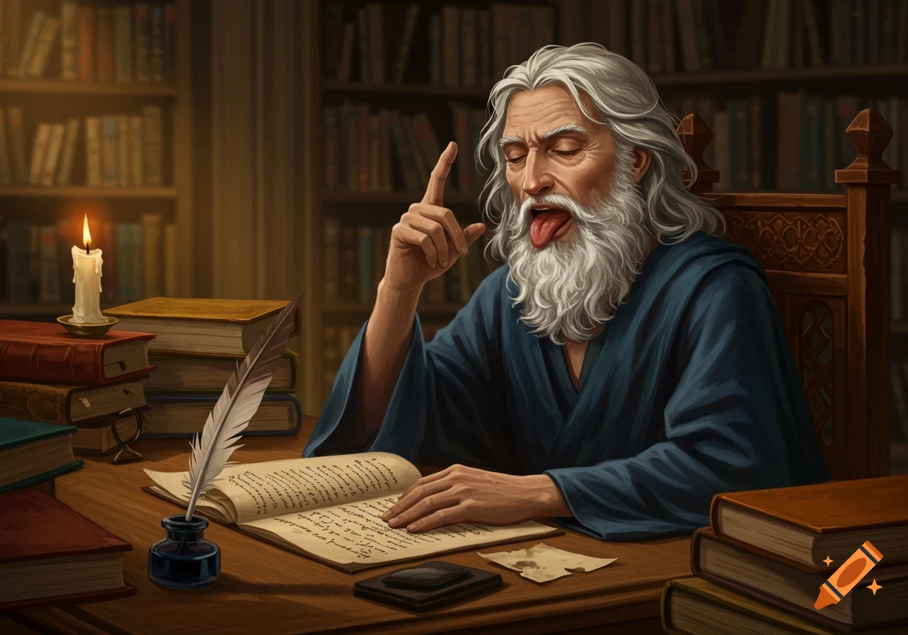 Illustration of an old philosopher with a white beard, eyes closed, and tongue out, sitting at a desk with books and a quill.