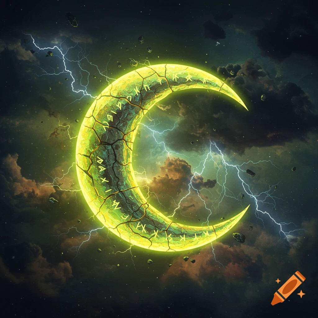 A cracked, glowing green crescent moon, etched with runes, surrounded by dark clouds and bright lightning.