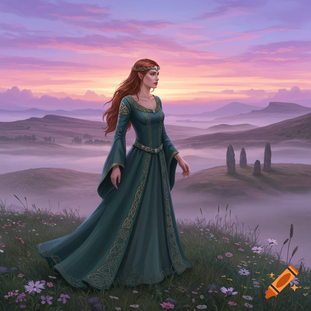Red-haired woman in a green Celtic dress stands in a misty, flower-covered landscape with standing stones at sunset.