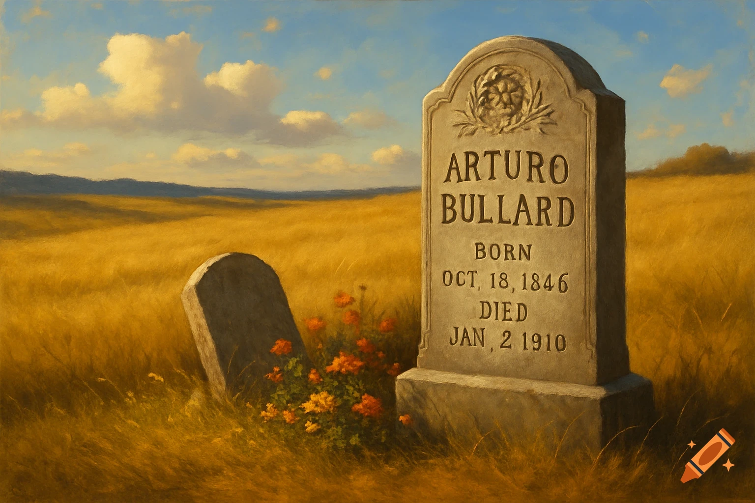 A gravestone for Arturo Bullard in a golden field under a cloudy sky, with another gravestone nearby.