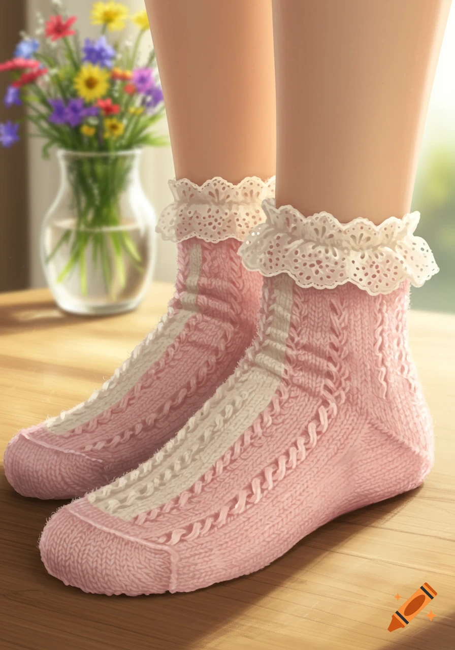 Pink knitted ankle socks with white stripes and lace trim on feet, on a wooden surface with blurred flowers.