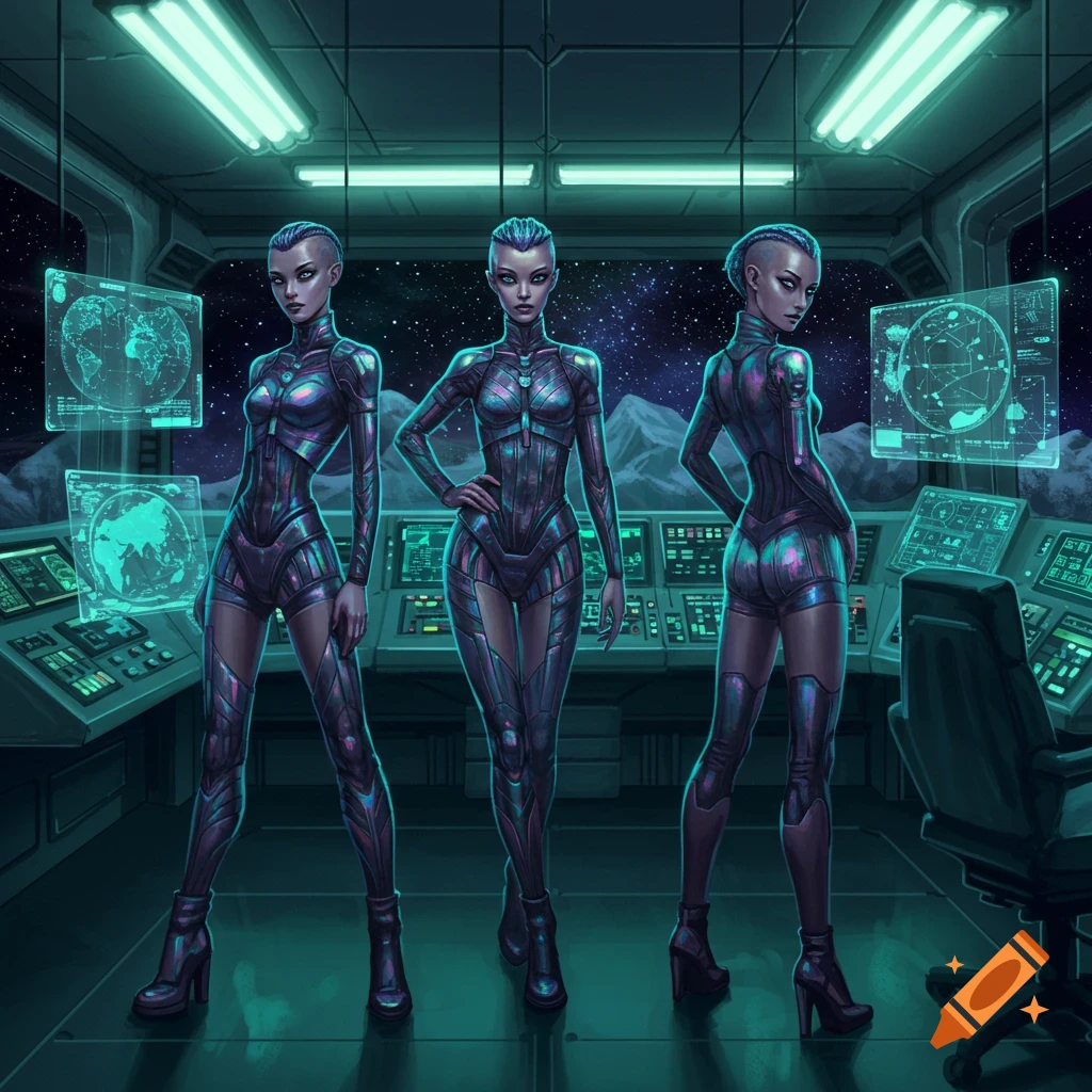 Three alien women in form-fitting, iridescent suits stand in a futuristic spaceship control room with glowing screens.