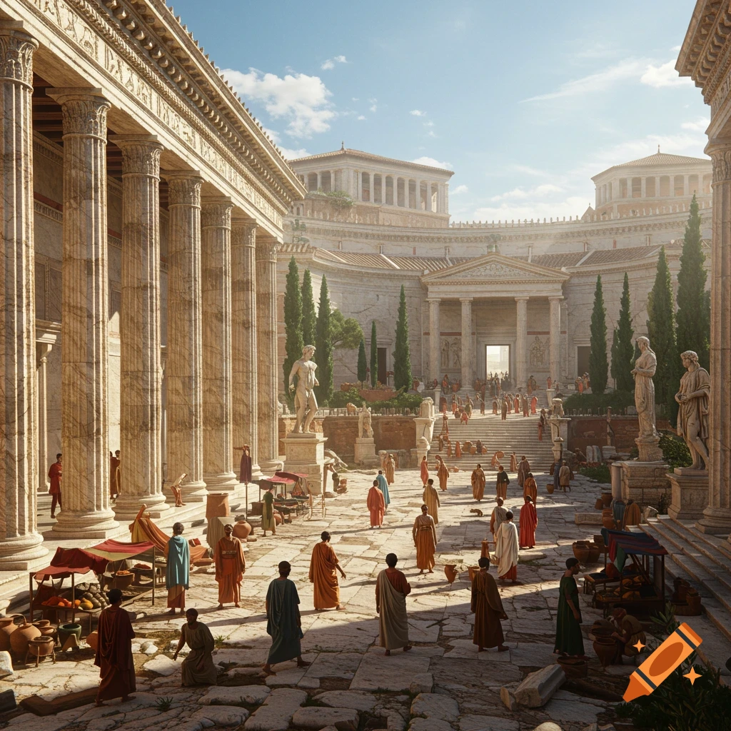 A sunny, photorealistic view of an ancient Roman forum filled with classical buildings, statues, and many people in togas walking around.