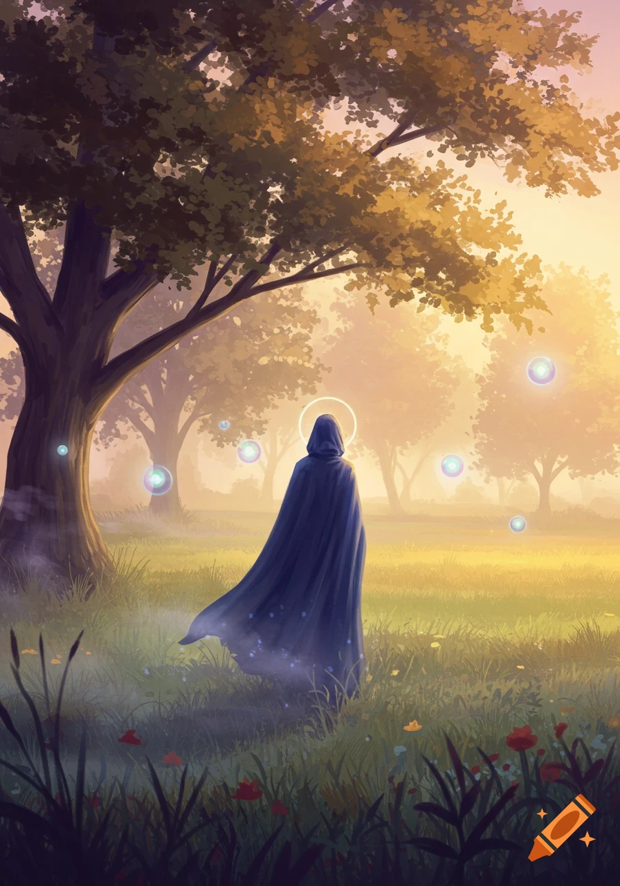 A hooded figure with a halo stands in a mystical, misty forest with glowing orbs, bathed in golden light.