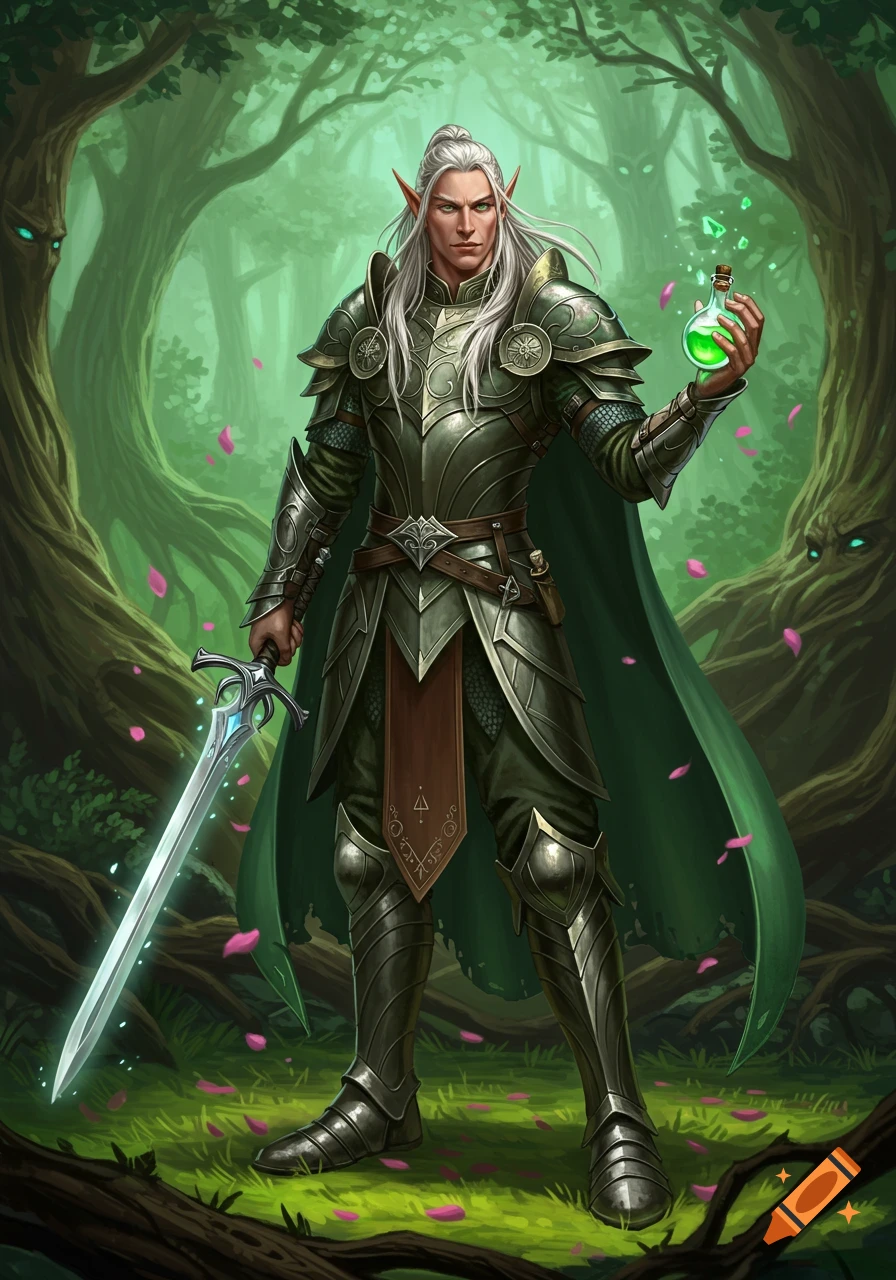 An elf warrior with white hair and green eyes, clad in green armor, holds a glowing sword and potion in an enchanted forest.