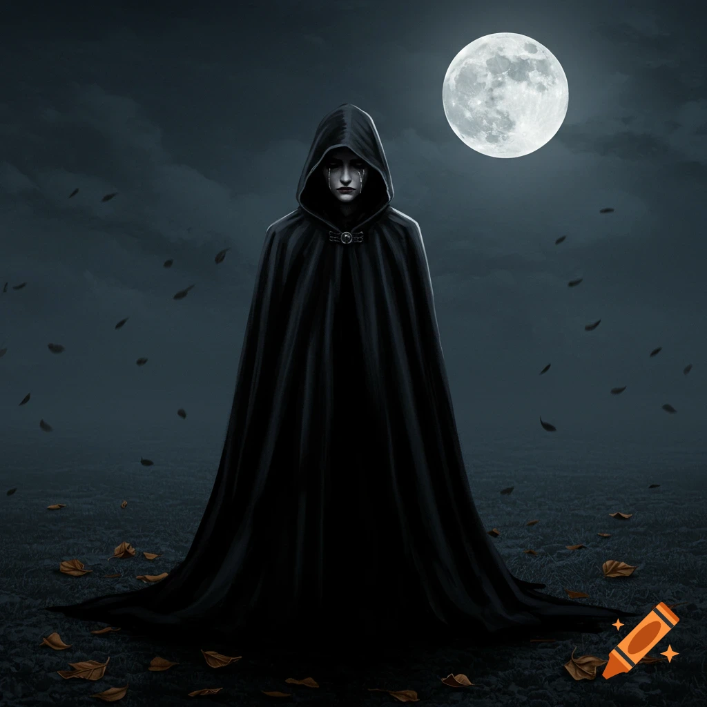 A cloaked figure with a distressed face under a full moon in a dark, leaf-strewn landscape.