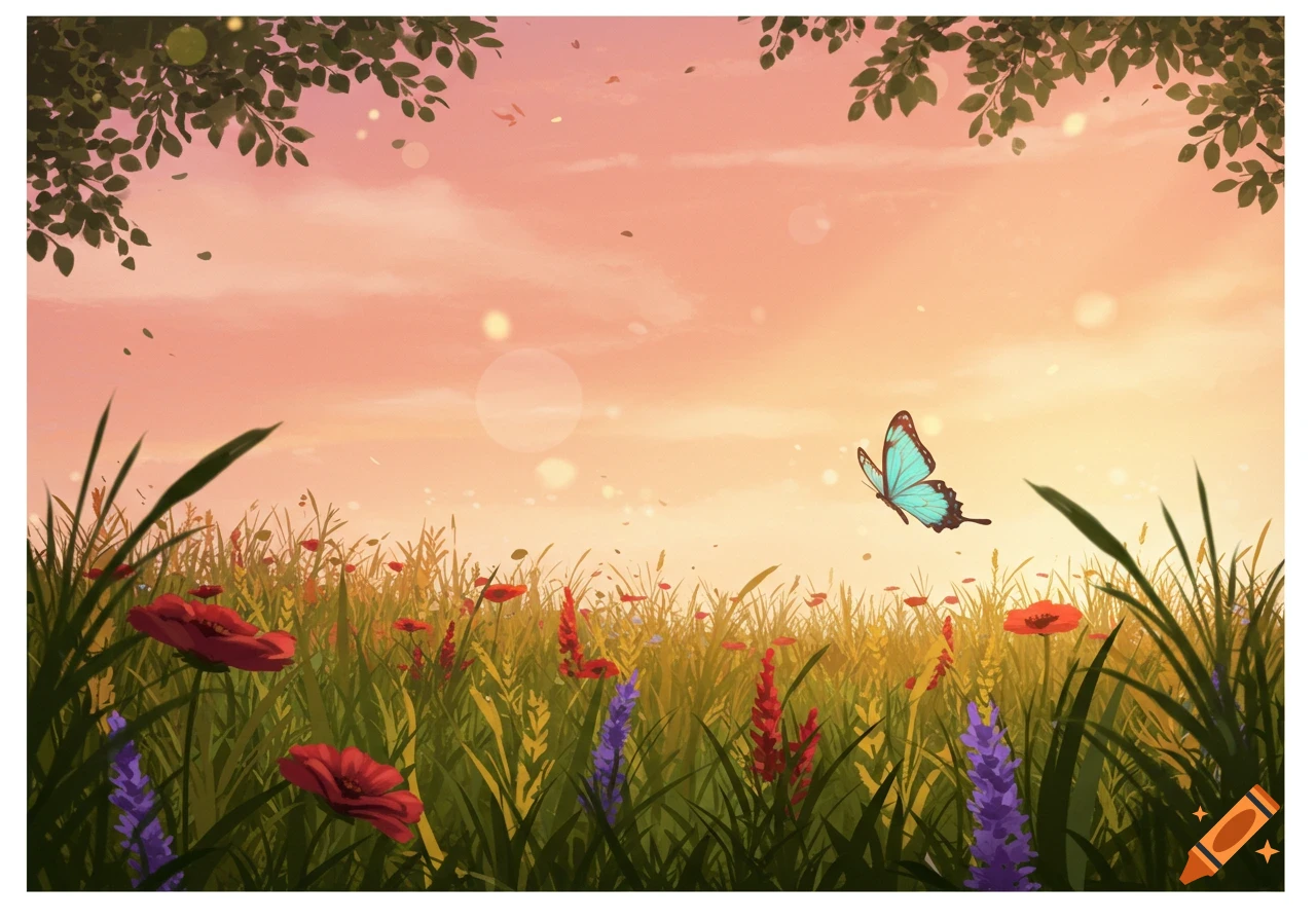 Stylized illustration of a vibrant sunset over a field of wildflowers and tall grass, with a turquoise butterfly in flight.