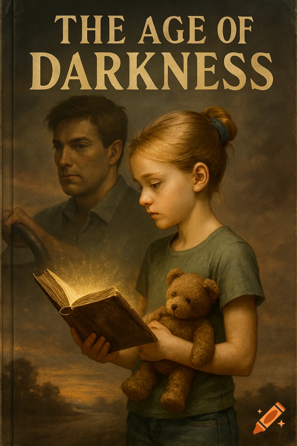 Realistic book cover, 'THE AGE OF DARKNESS', with a girl holding a glowing book and teddy bear, and a man driving behind her.