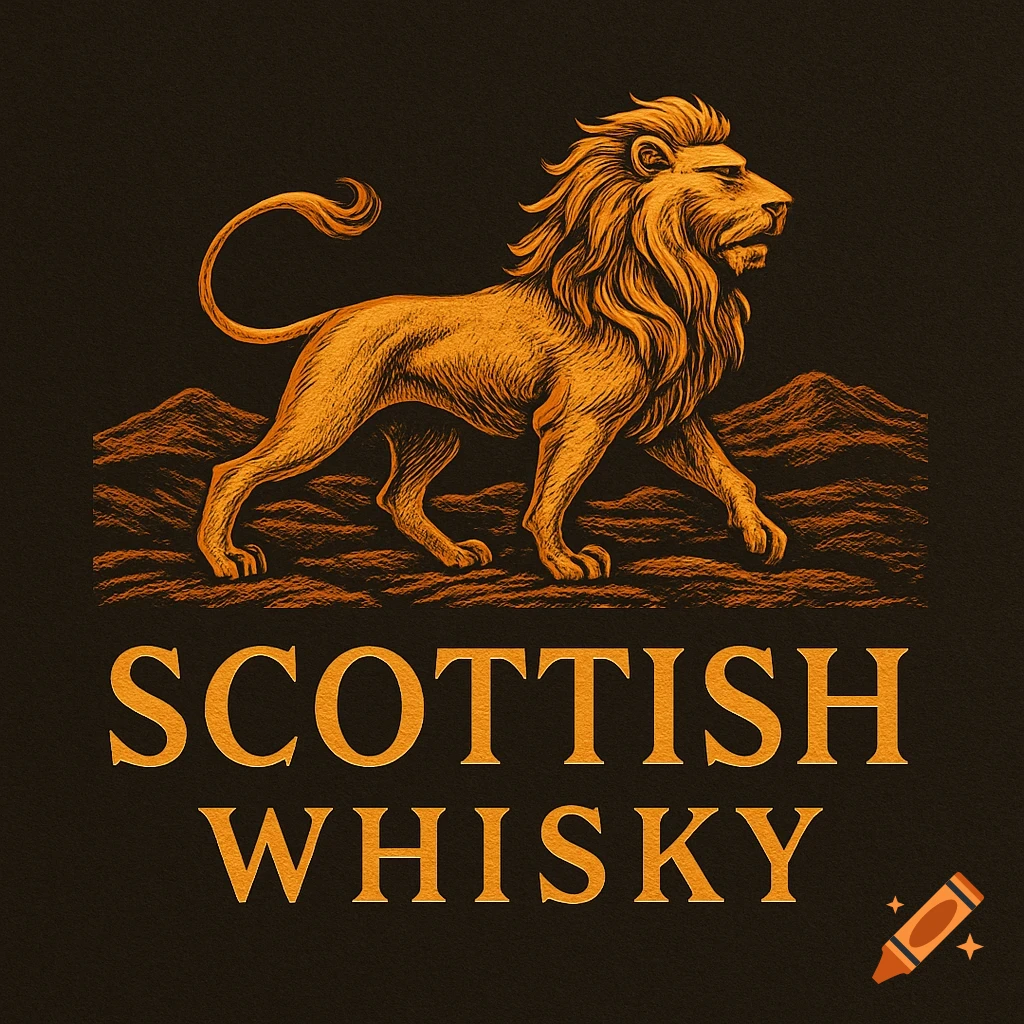 A gold and orange stylized lion walking on hills above the words 'SCOTTISH WHISKY' on a dark background.