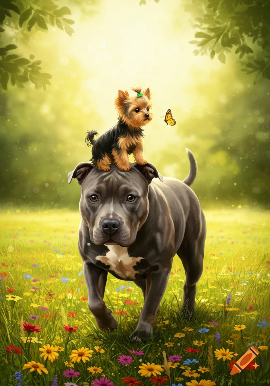 A small yorkie dog stands on the head of a larger pit bull in a vibrant field of colorful flowers, with a butterfly nearby.