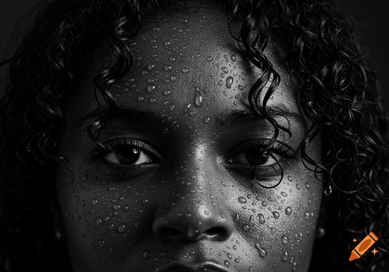 High-contrast black and white close-up portrait of a person's face with curly hair and numerous water droplets.