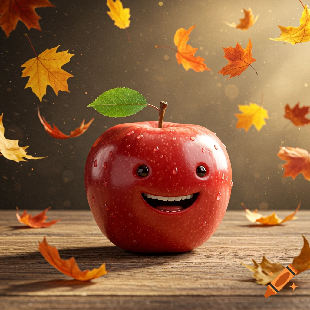 A happy red apple with a smiling face and water droplets on a wooden surface with falling autumn leaves.