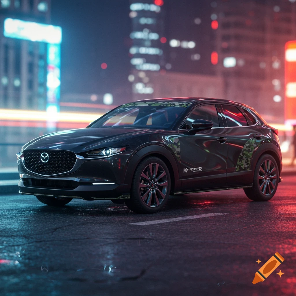 A dark Mazda CX30 SUV with camouflage trim on its side drives on a wet city street at night, with neon lights reflecting.