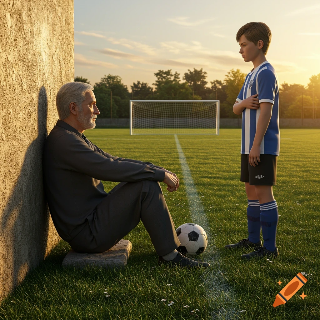 An older man sits on the ground against a wall, looking at a young boy in a soccer uniform standing across from him on a soccer field at sunset. A soccer ball is between them.