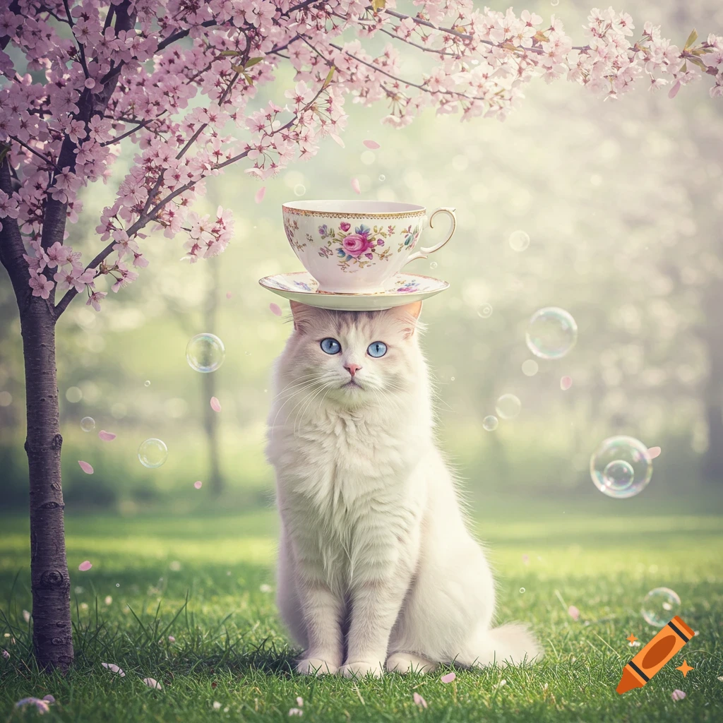 White cat with blue eyes sitting on green grass under a pink cherry blossom tree, balancing a floral teacup on its head, with bubbles.