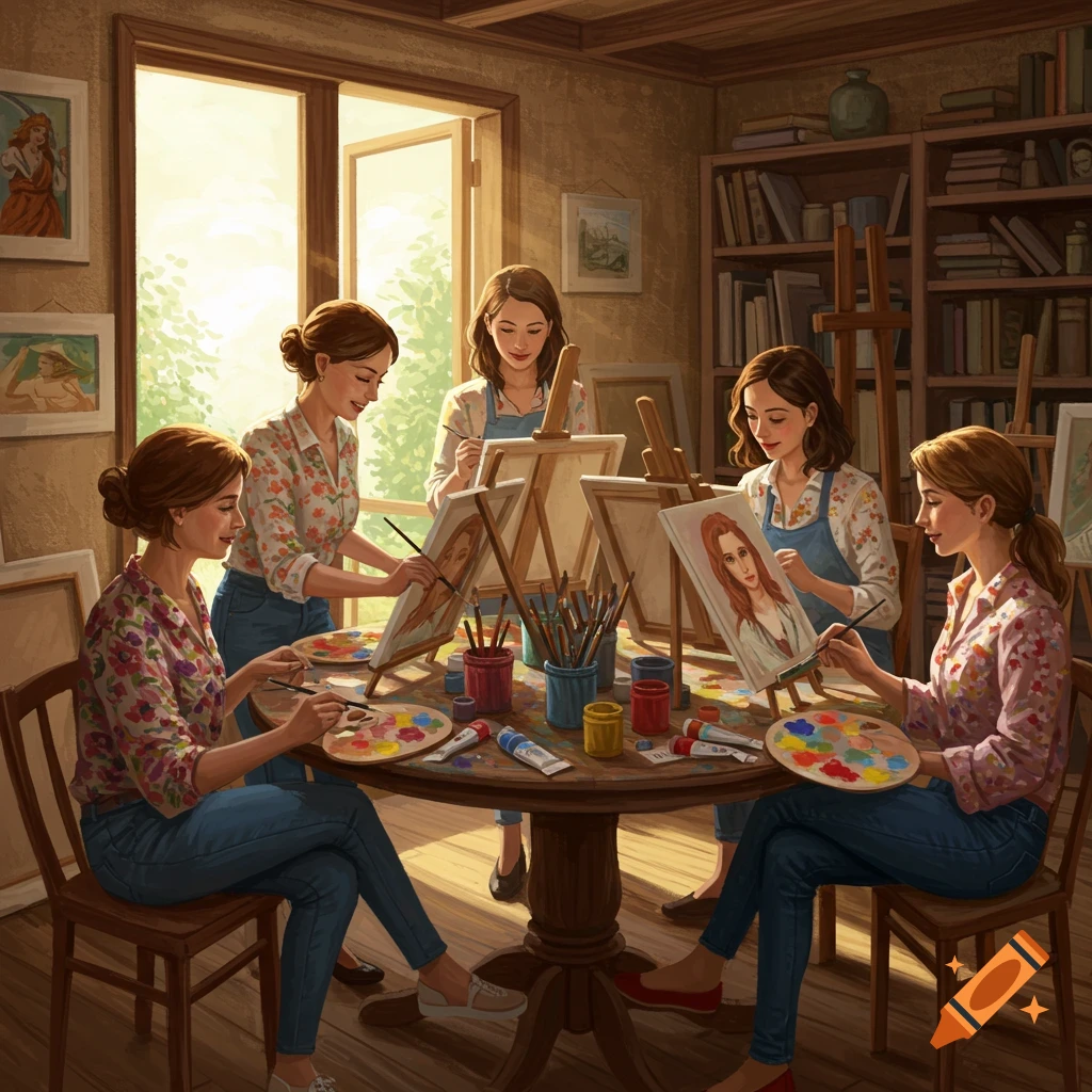 Group of women painting portraits around a round table in an art studio.