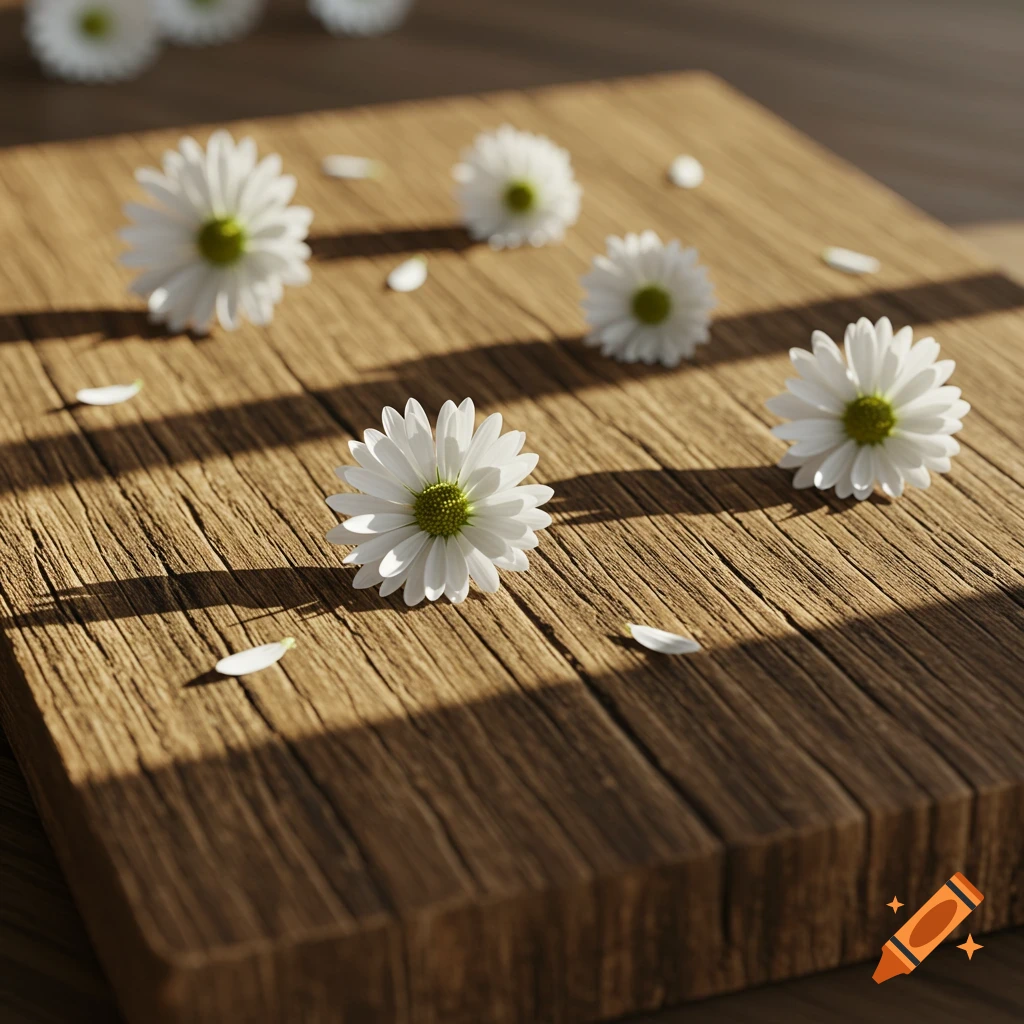 Several white daisy-like flowers with green centers scattered on a textured wooden board in dappled sunlight, photorealistic.