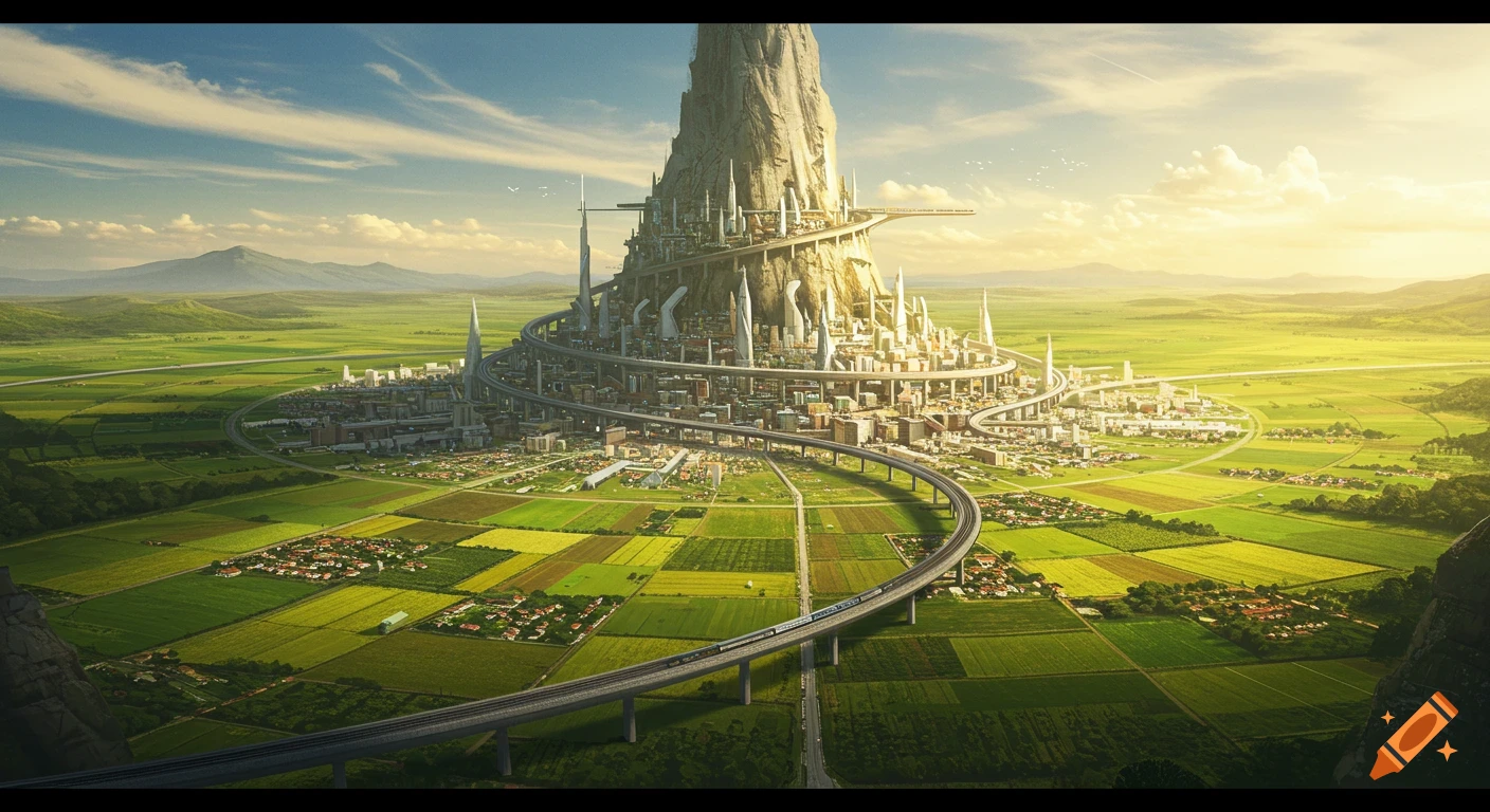 A photorealistic futuristic city built around a massive rock spire, surrounded by vast green farmlands with an elevated train track leading to distant hills.