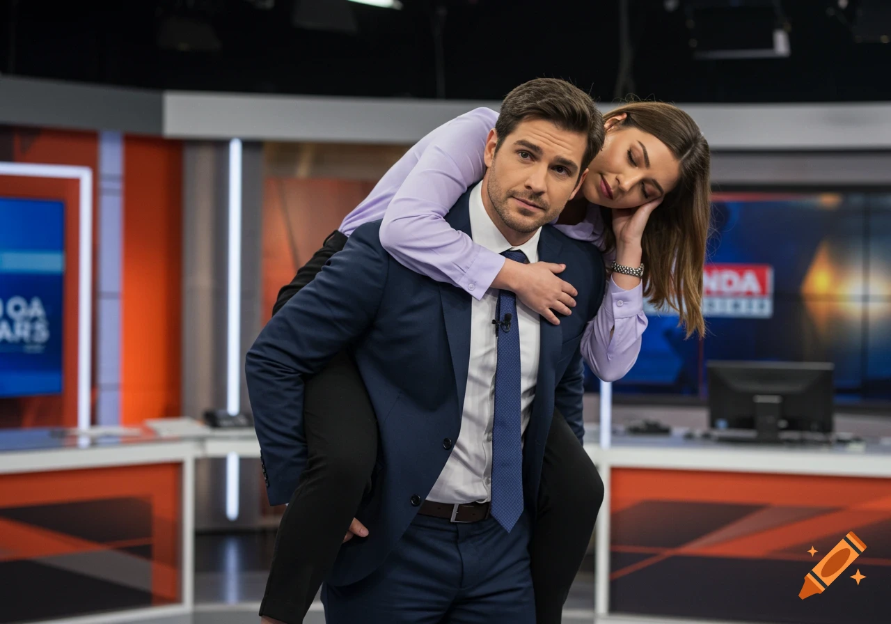 A man in a suit gives a woman in a lavender shirt a piggyback ride in a news studio, she rests her head on his shoulder. Photorealistic style.