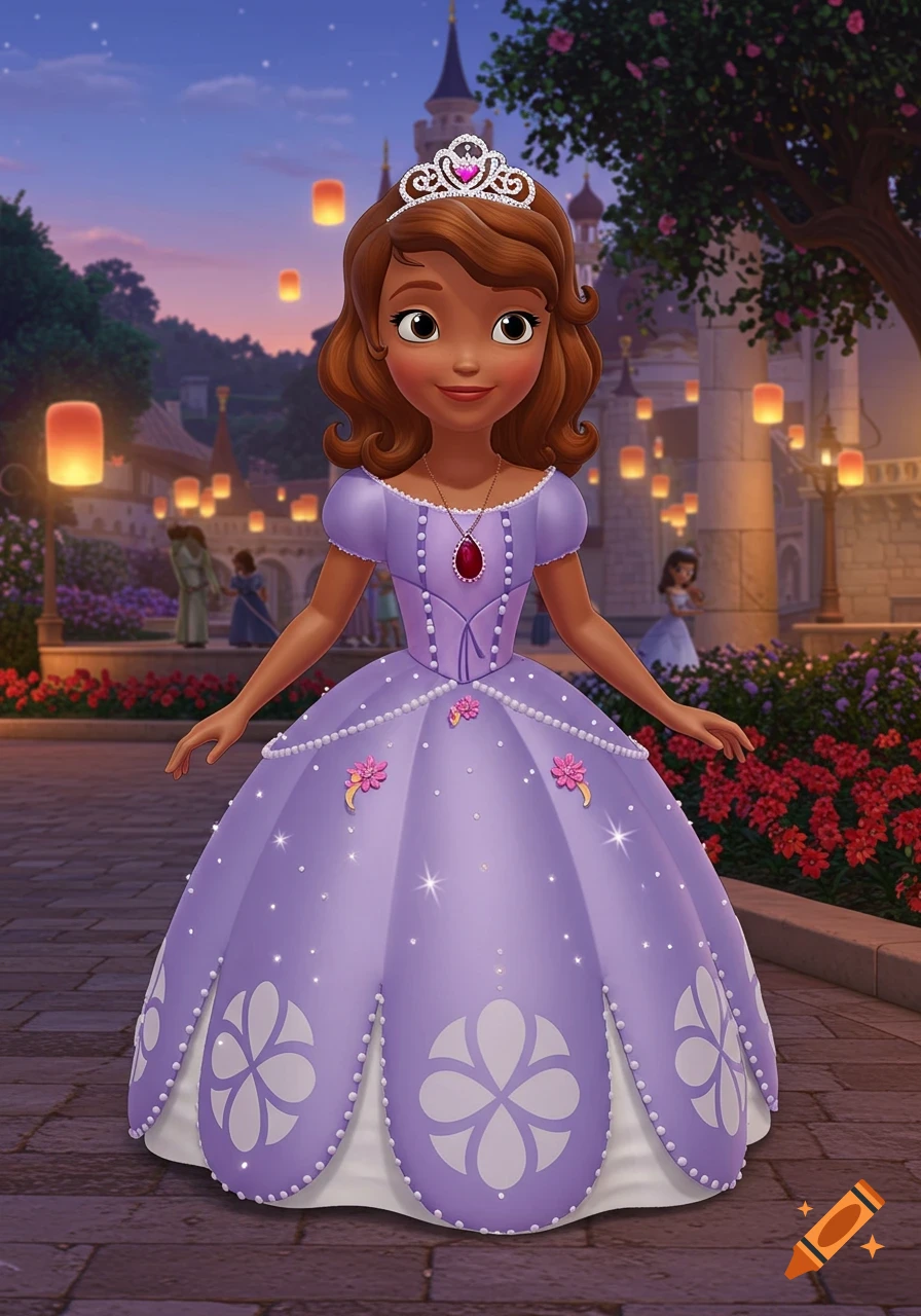 A dark-skinned Princess Sofia in a sparkling purple ball gown and tiara stands in a magical courtyard at dusk with glowing lanterns and a castle in the background, in a cartoon style.