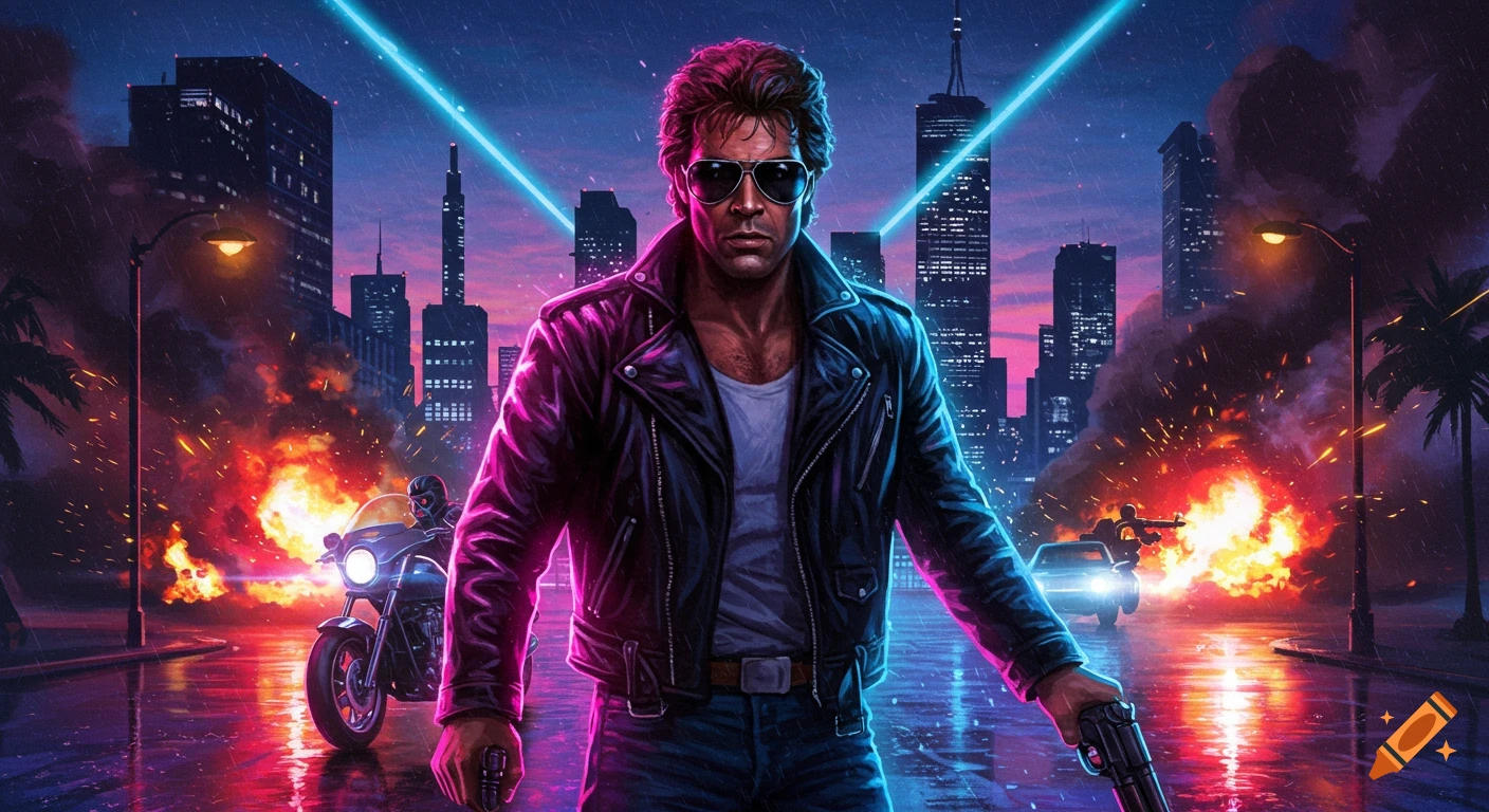 Man in leather jacket and sunglasses holding guns on a neon-lit city street with explosions, motorcycle, and cars in a synthwave style.