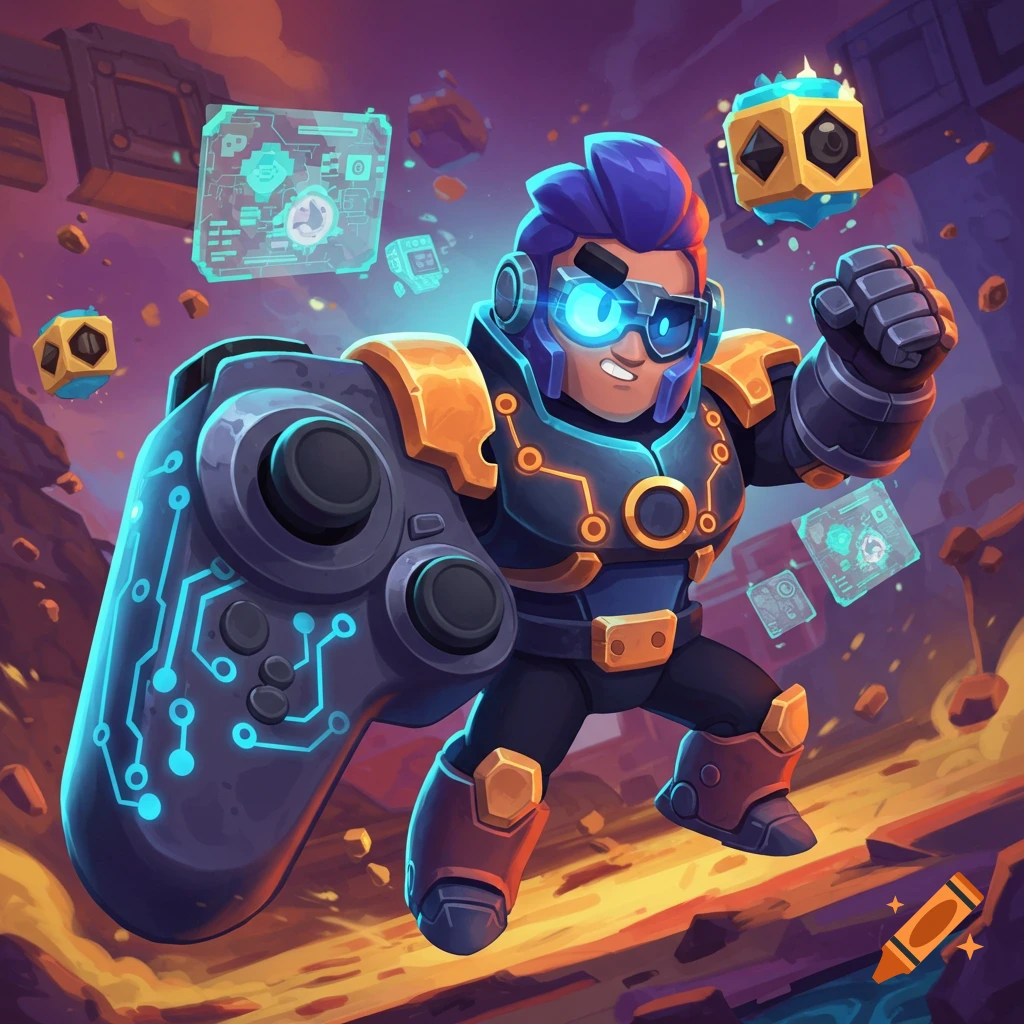A stylized cartoon character in futuristic armor holds a large game controller with glowing circuits, surrounded by floating digital elements.