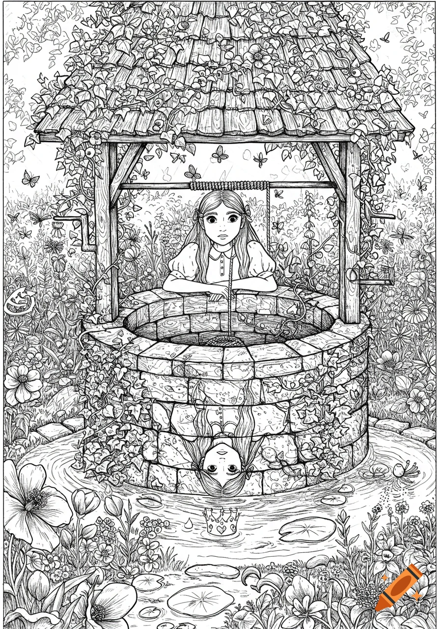 Whimsical ink drawing of a girl leaning over a wishing well, her reflection in the water shows her wearing a crown, surrounded by lush foliage and butterflies.