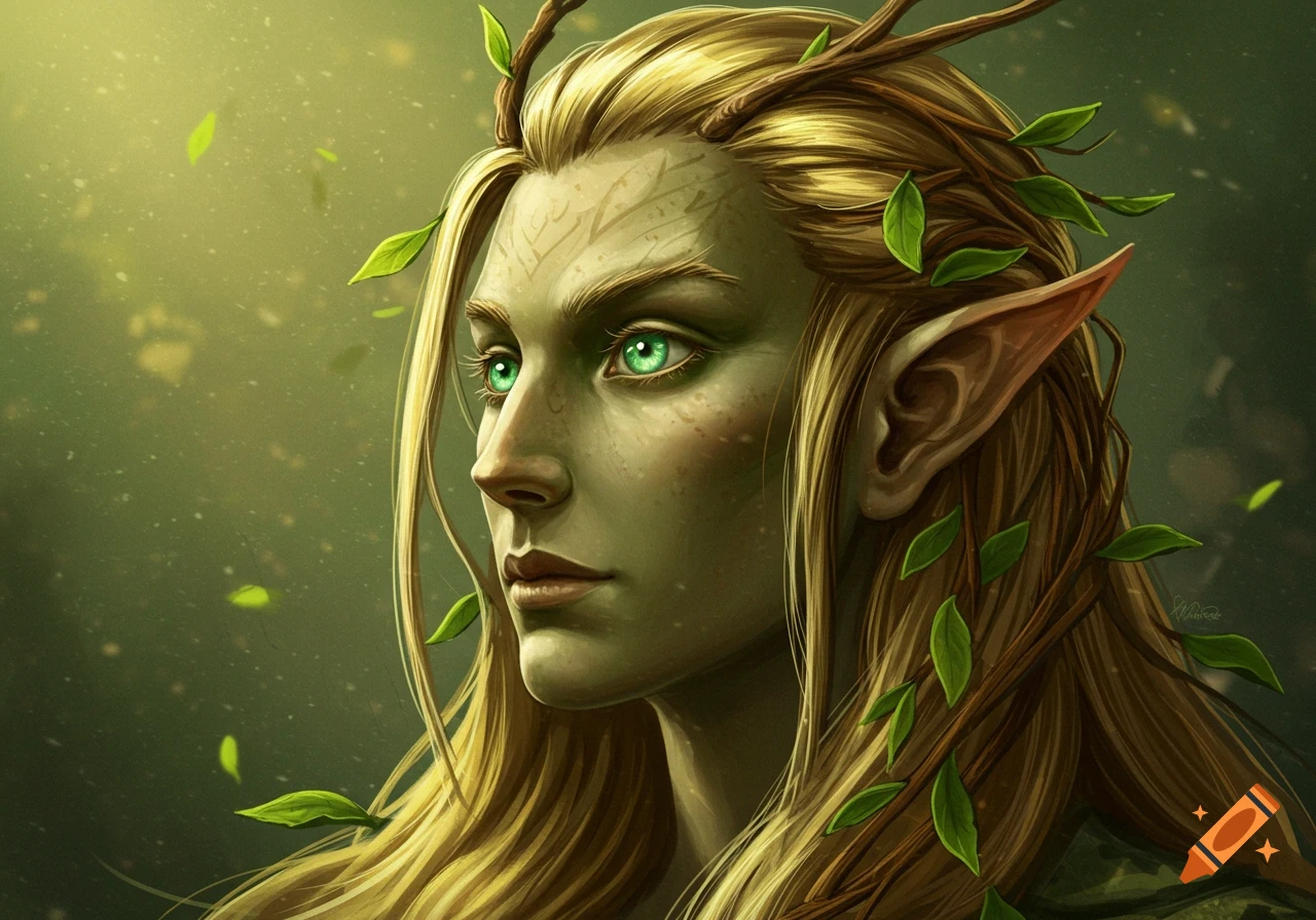 A fantasy portrait of an elf with green skin, pointed ears, long blonde hair adorned with leaves, and piercing green eyes, in a digital painting style.