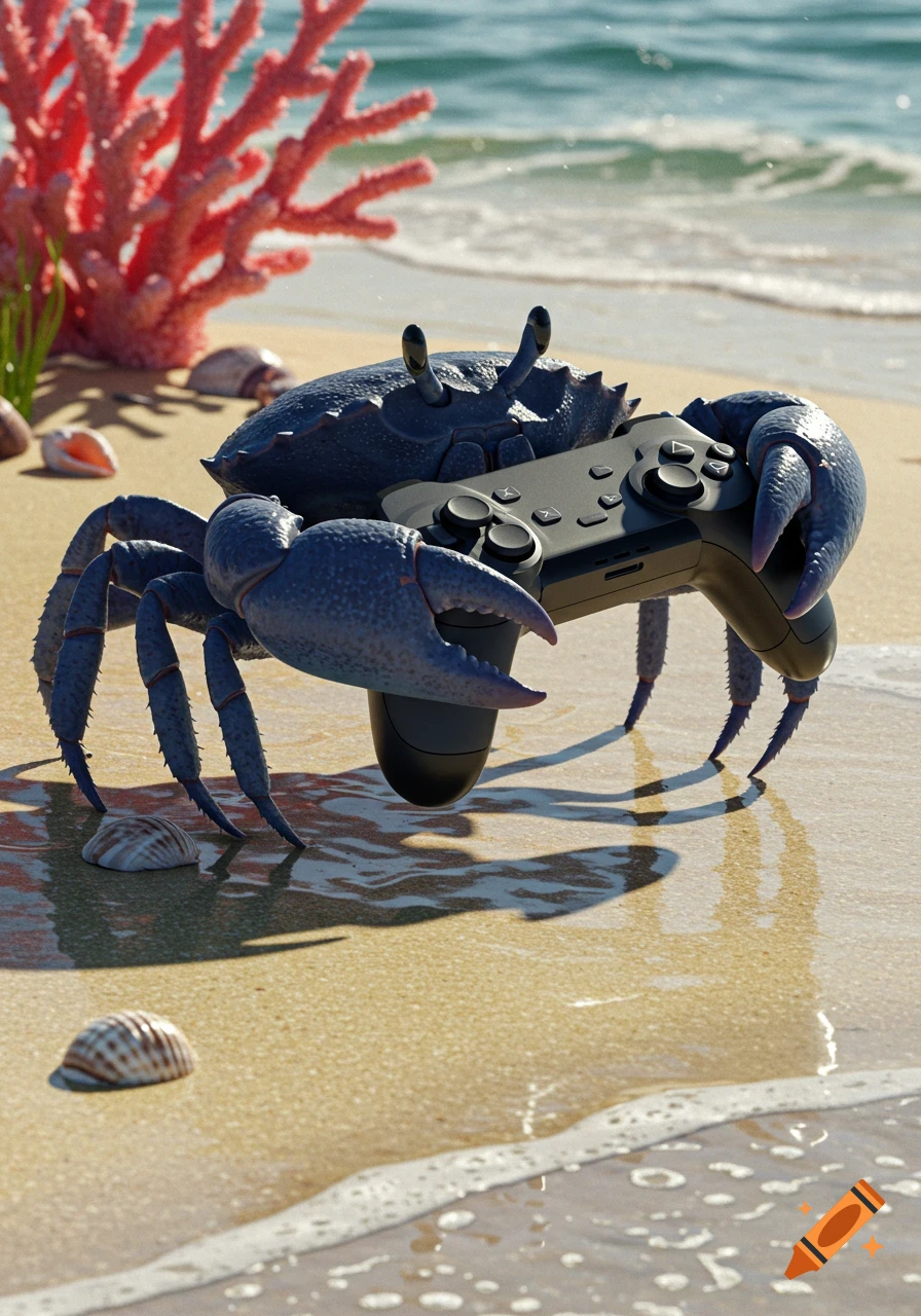 A photorealistic blue crab holds a black video game controller on a sandy beach with red coral and ocean waves.
