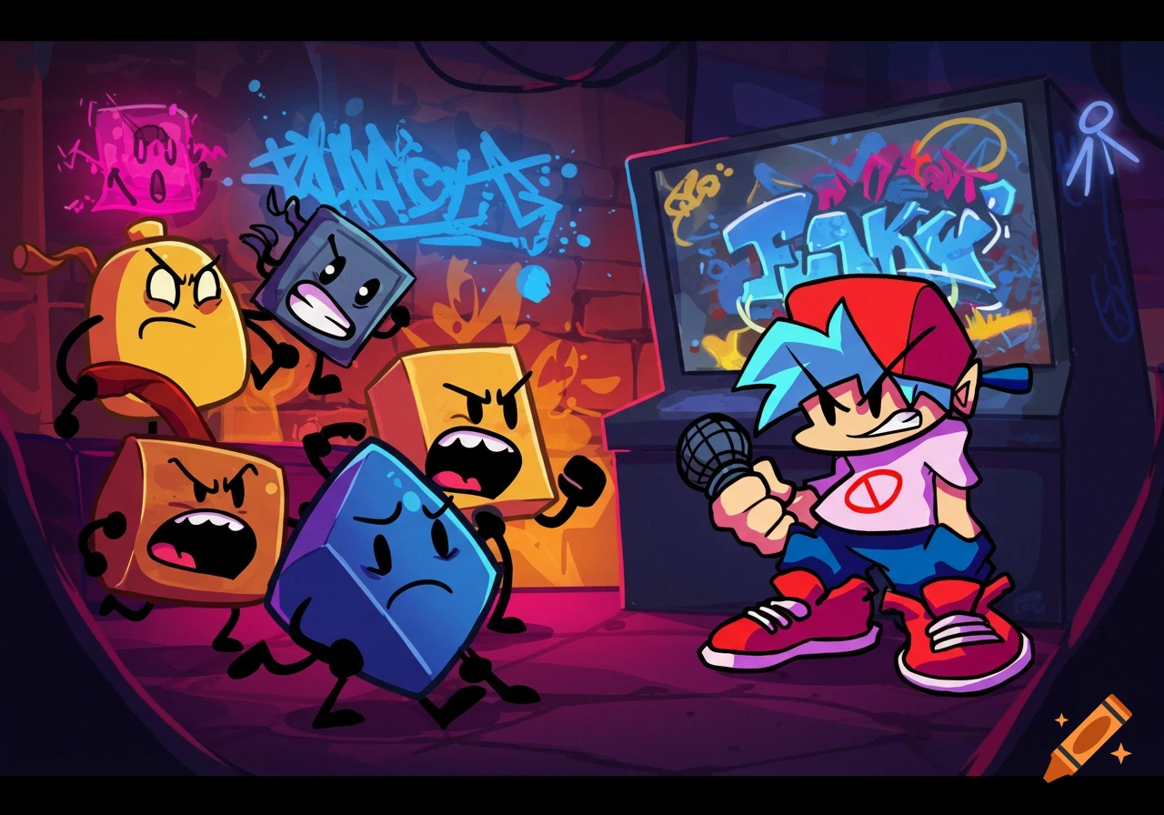 Cartoon battle: FNF Boyfriend with a mic faces angry BFDI objects in a graffiti-filled alley with a screen showing "FAKE".