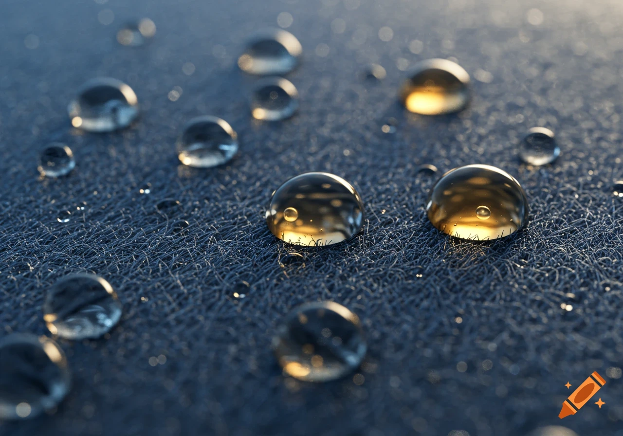 Close-up of clear water droplets on a dark, textured superhydrophobic fabric, reflecting golden light.