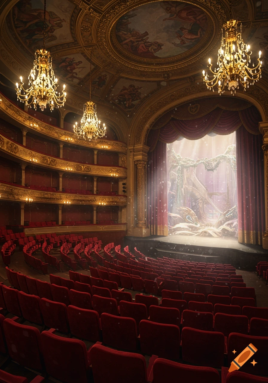 Opulent opera house interior with red velvet seats, golden balconies, ornate chandeliers, and a fantastical stage set with falling snow.
