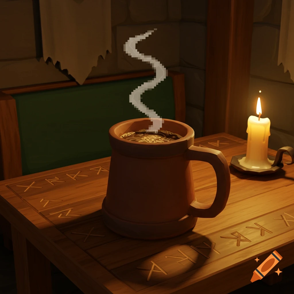 A stylized mug of steaming coffee on a wooden table, lit by a candle, with runic carvings on the table in a rustic, low-poly style.