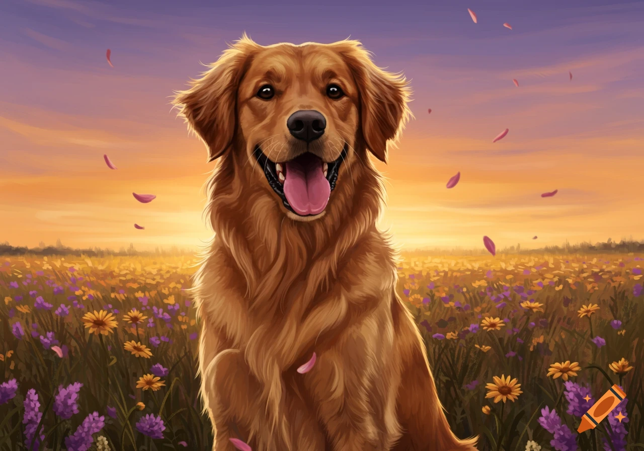 A happy golden retriever sits in a field of purple and yellow wildflowers under a vibrant sunset sky, digital painting.