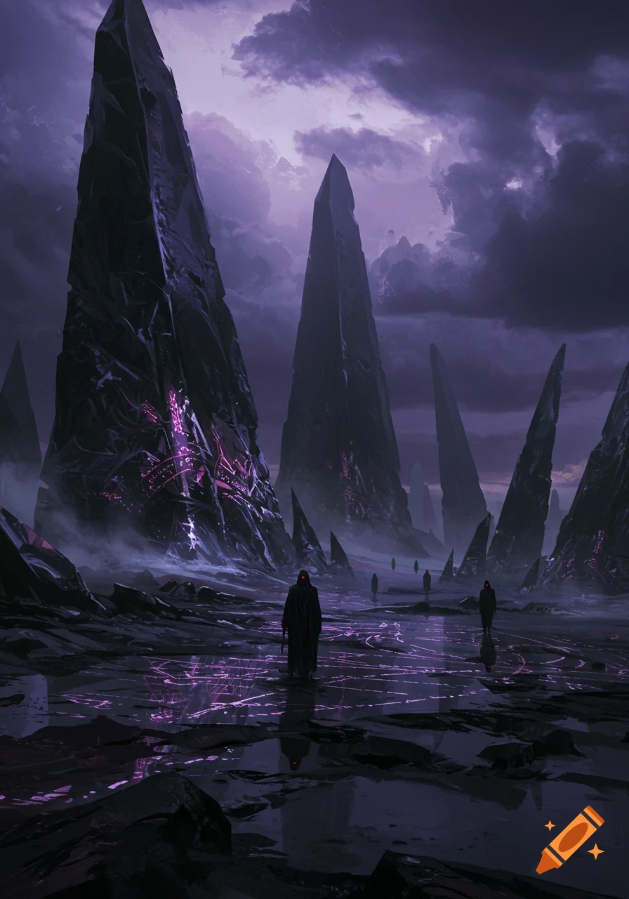 A dark fantasy landscape with towering, angular rock formations emitting purple light, and robed figures walking through a reflective, shadowy terrain under a stormy purple sky.