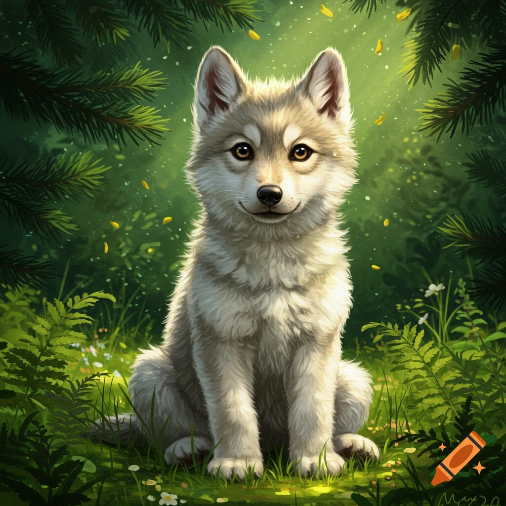 A cute wolf cub with light fur sits in a lush green forest with pine trees and dappled sunlight.