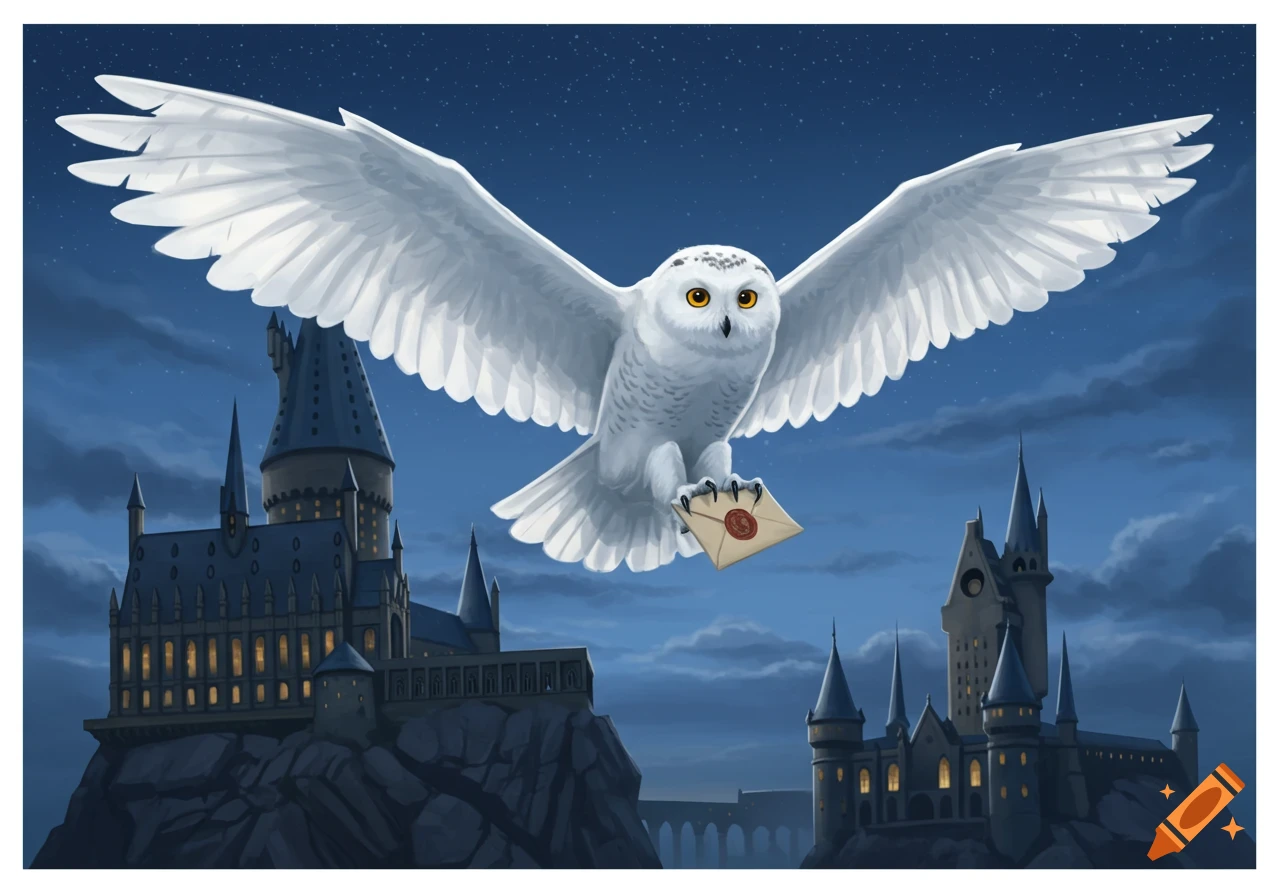 A white snowy owl flies through a starry night sky over two grand castles, carrying a sealed letter in its talons. Illustrated style.