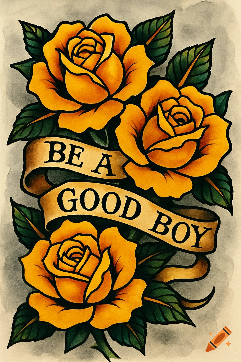 American traditional tattoo of three yellow roses with green leaves and a banner reading "BE A GOOD BOY".